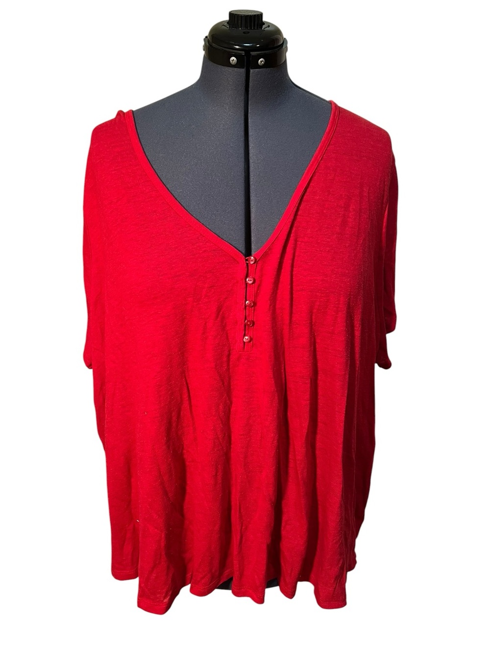 Old Navy Womens Plus Size 4X Henley Top V-Neck Short Sleeve Red Semi-Sheer Linen